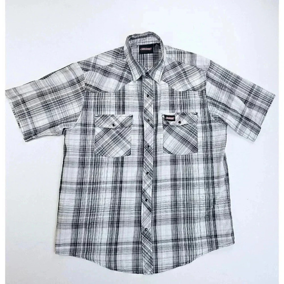 Dickies Size Large Men Gray White Tan Check Pearl Snap Pocket Logo Tag S/S Shirt - Picture 1 of 10